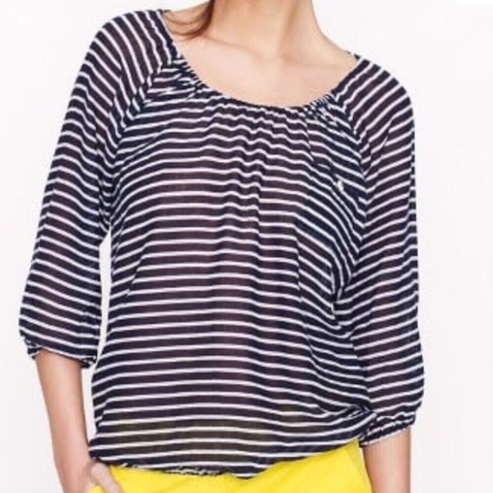 J. Crew Striped Whisper Gauze Peasant Top Navy White XS